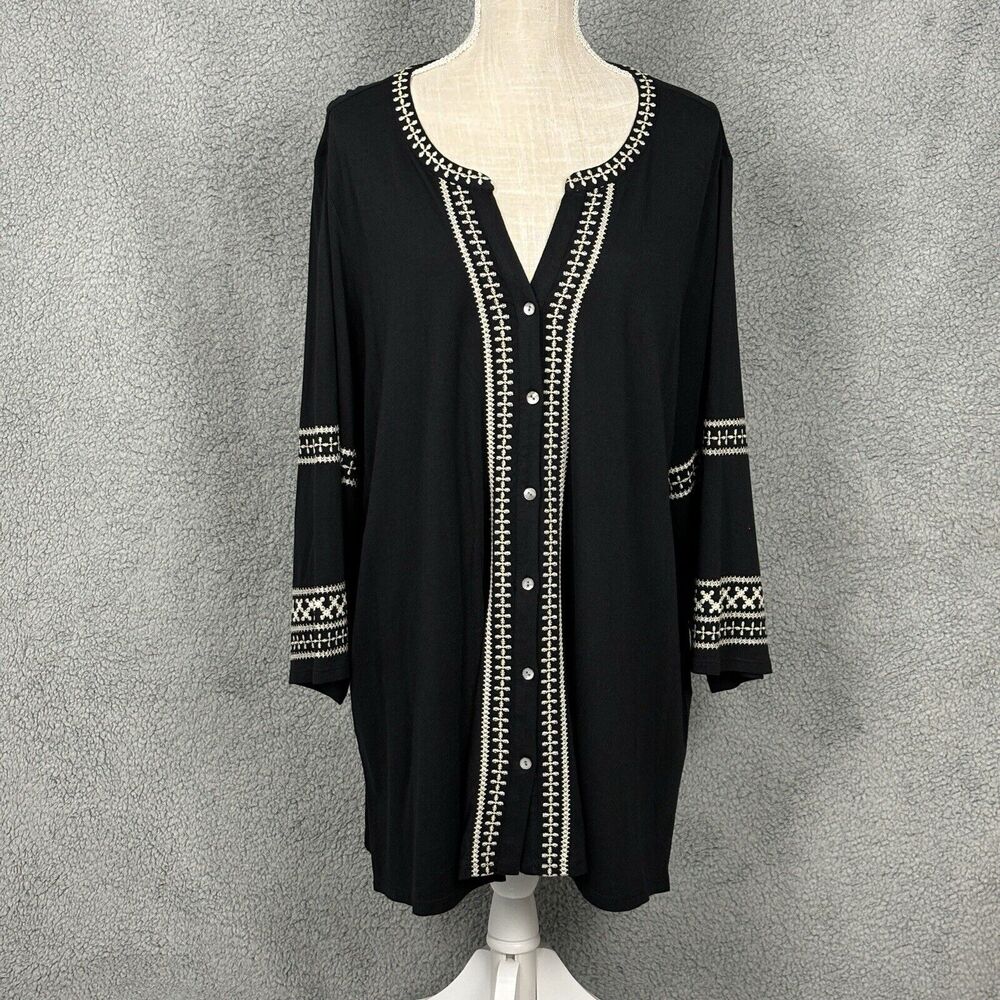 J Jill Embroidered Tunic Button Blouse Top 3/4 Sleeve Sz 2X Cotton Tencel Blend
